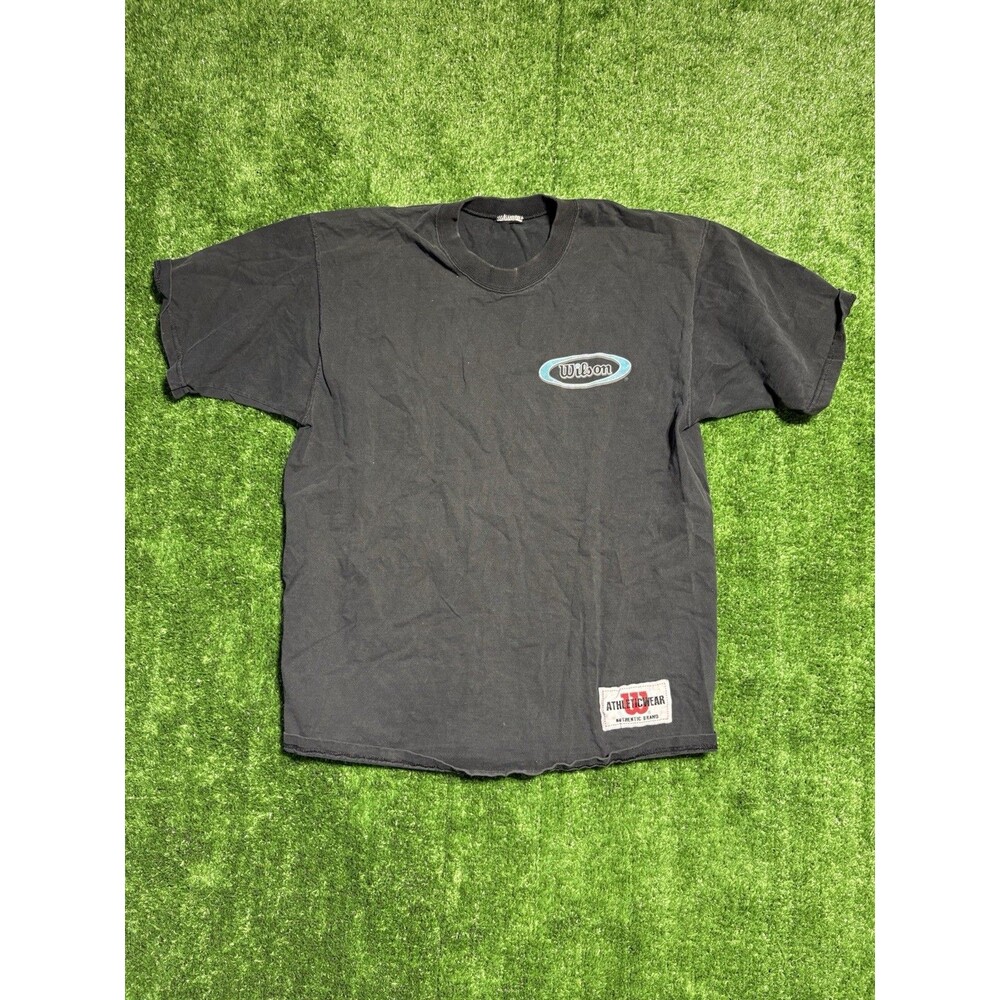 Mens Vintage 90s Wilson Athleticwear Faded Black Graphic Short Sleeve Shirt Sz L
